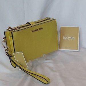 NWT Michael Kors Jet Set Travel Lg Double Zip Wristlet Leather Wallet sunshine